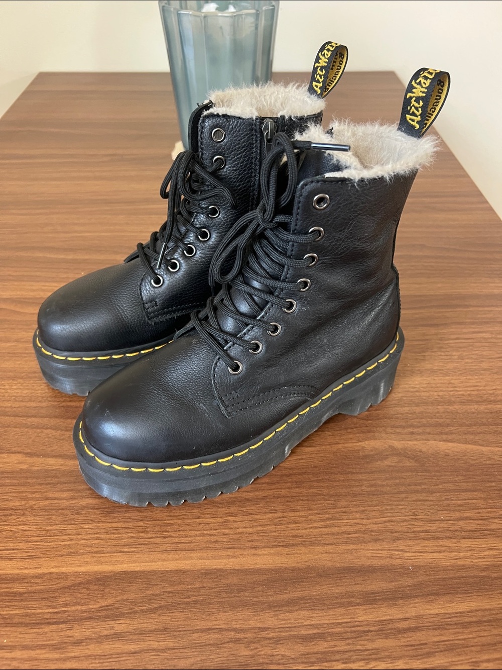 Dr. Martens Black Leather Lace-Up Platform Boots with Cream Shearling